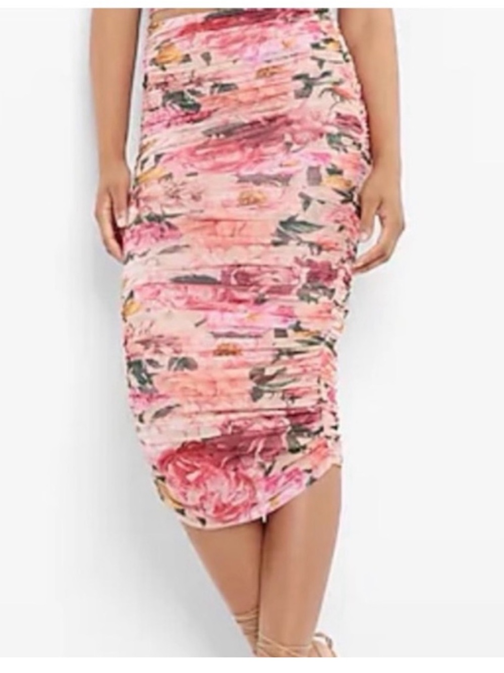 Express Pink Floral Ruched Midi Skirt - Picture 2 of 9